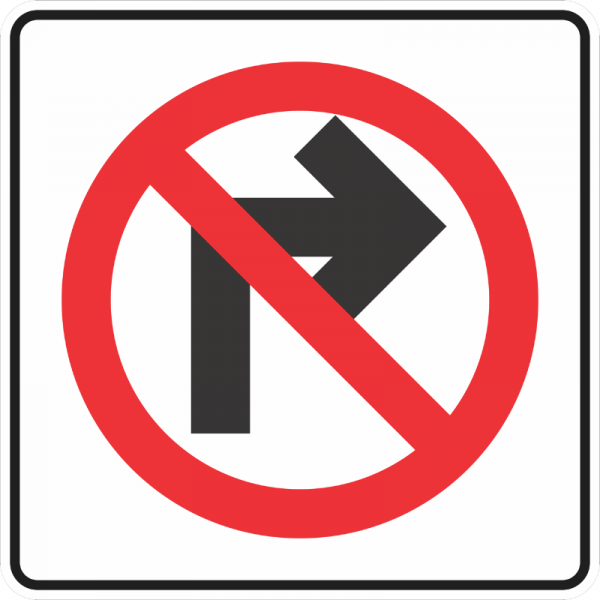 La señal Vuelta prohibida a la derecha indica a los conductores las zonas donde, por seguridad, no está permitido girar en esa dirección