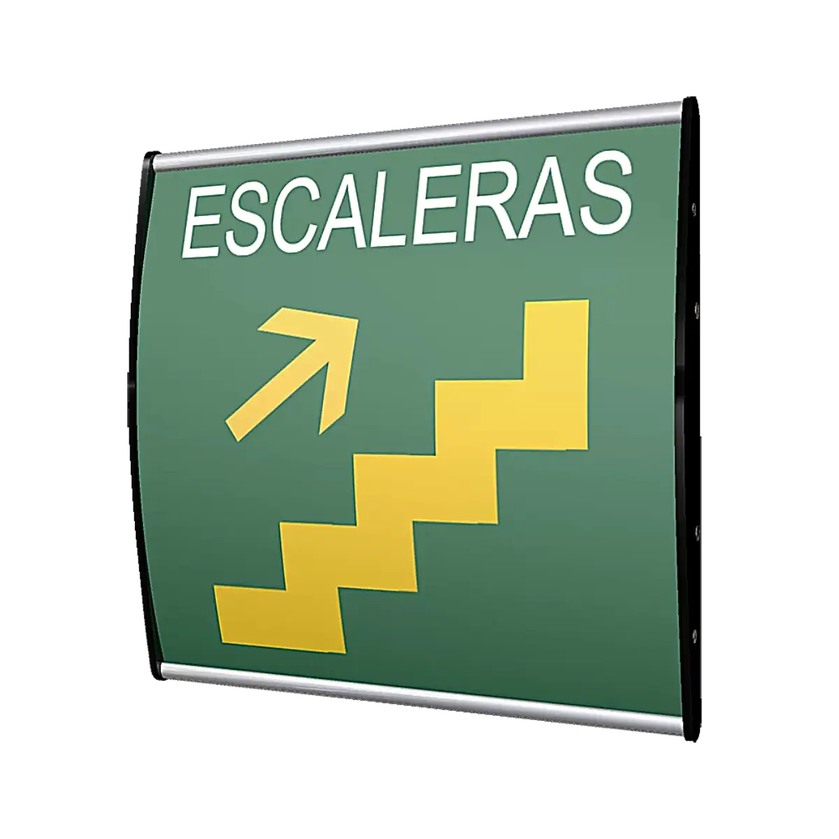 El señalamiento de escaleras, en su formato premium, otorga una mayor y más elegante vista hacia el letrero que indica una ruta de escape