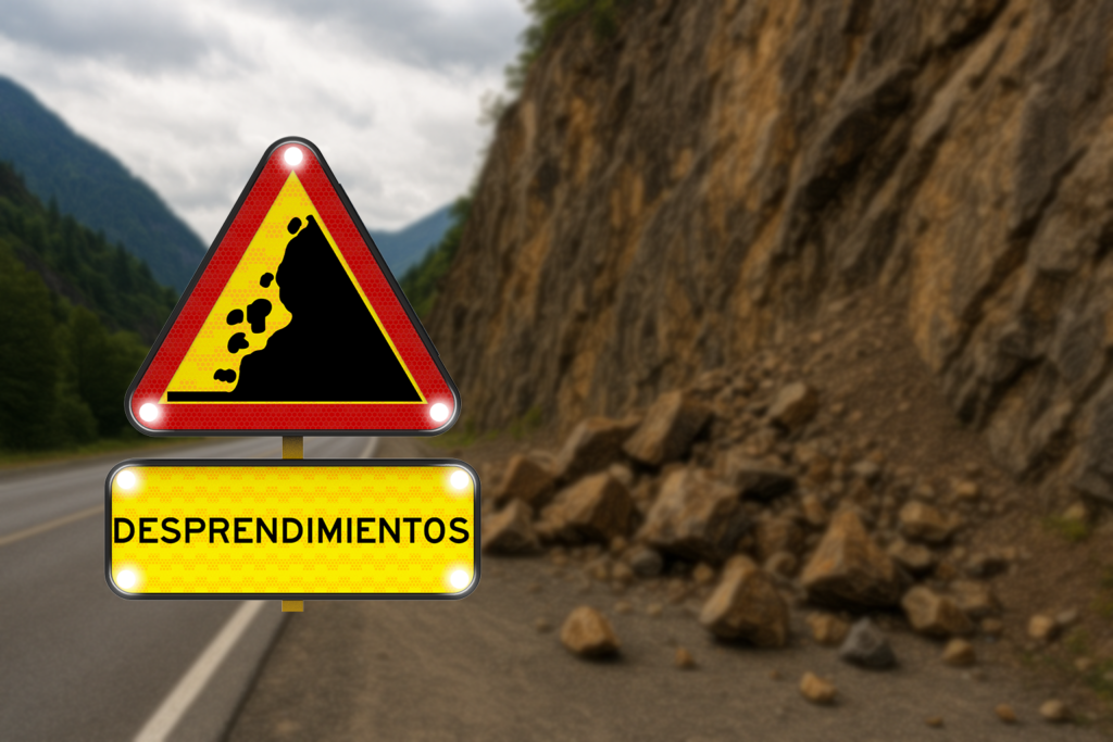 Señal  de advertencia triangular de advertencia con borde rojo y luces blancas que indica desprendimientos, colocada en carretera de montaña con rocas caídas en la vía.