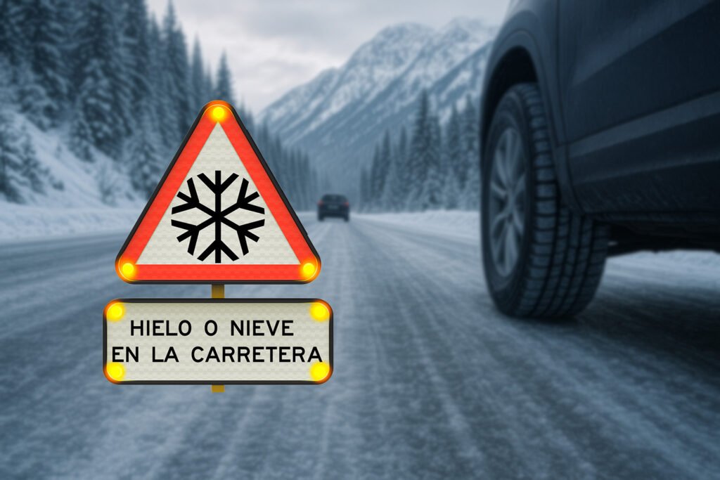 Señal triangular de advertencia con símbolo de copo de nieve y luces ámbar que alerta sobre hielo o nieve en la carretera de montaña.