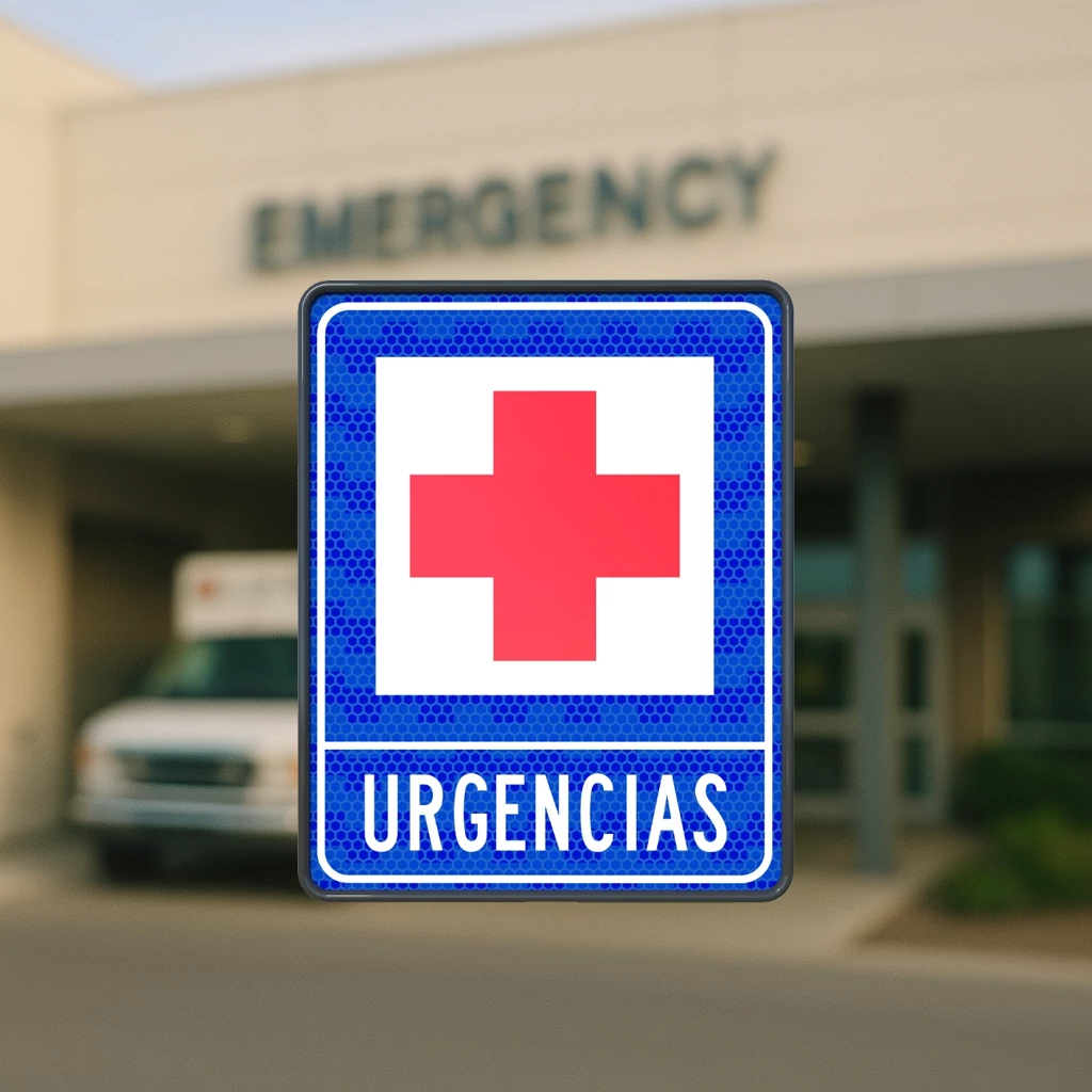 Señal azul con cruz roja que indica acceso a urgencias médicas o servicio hospitalario de emergencia.