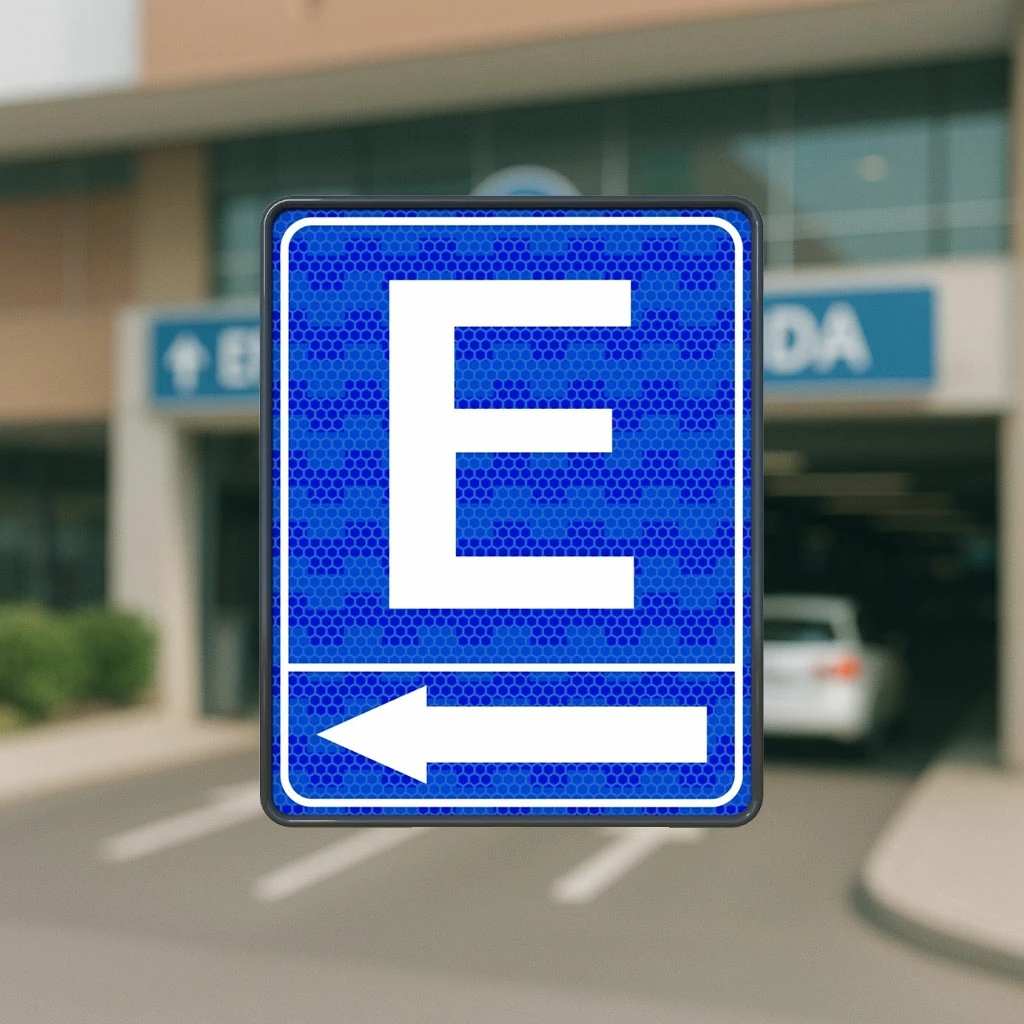 Señal azul con la letra “E” y flecha blanca que indica la dirección hacia una zona de estacionamiento público o privado