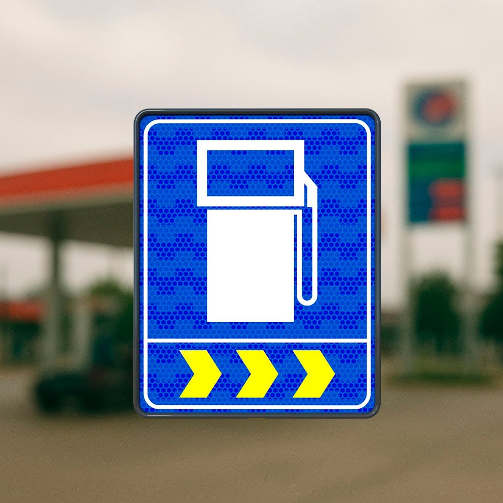 Señal azul con ícono de bomba de gasolina que señala la proximidad de una estación de servicio.