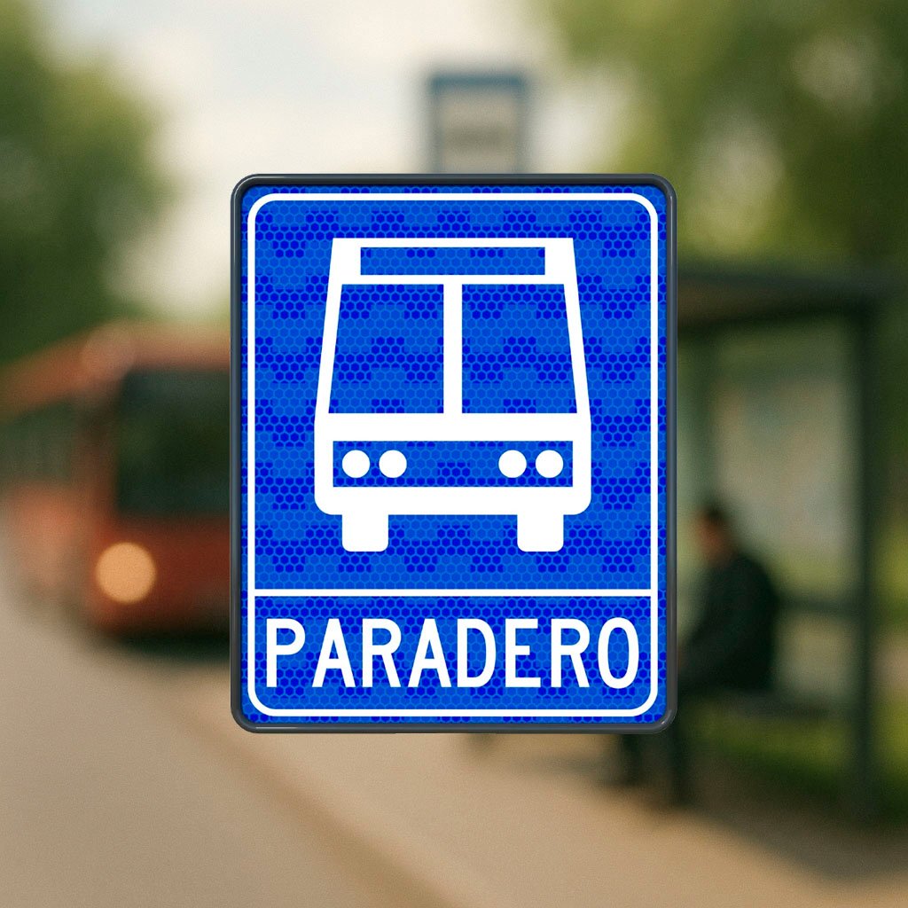 Señal azul con símbolo de autobús y la palabra “Paradero” que indica una zona de ascenso y descenso de transporte público.