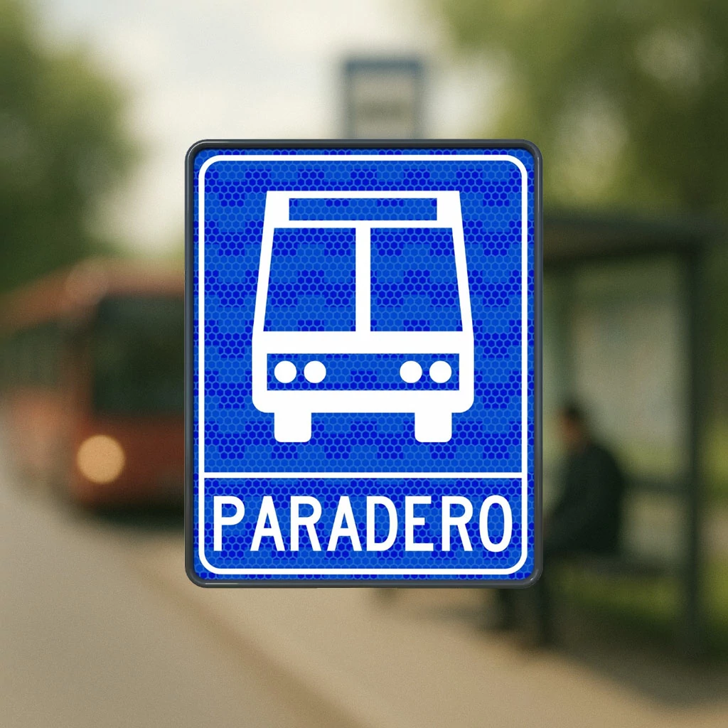 Señal azul con símbolo de autobús y la palabra “Paradero” que indica una zona de ascenso y descenso de transporte público.