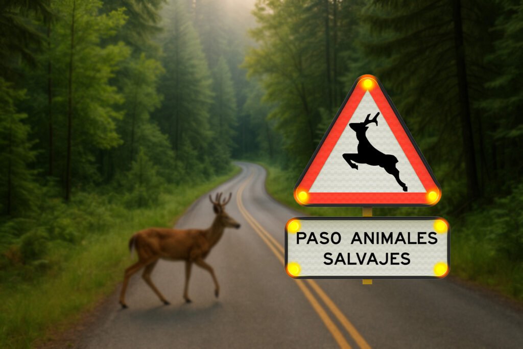 Señal triangular de advertencia con silueta de venado y luces ámbar que indica paso de animales salvajes en camino boscoso.