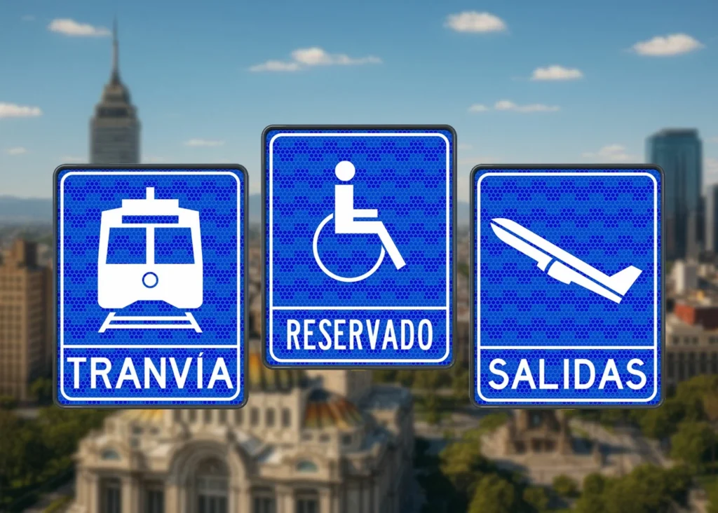 Señales azules que indican donde está una parada de tranvía, un lugar reservado para personas en silla de ruedas y la salida de aviones de un aeropuerto.