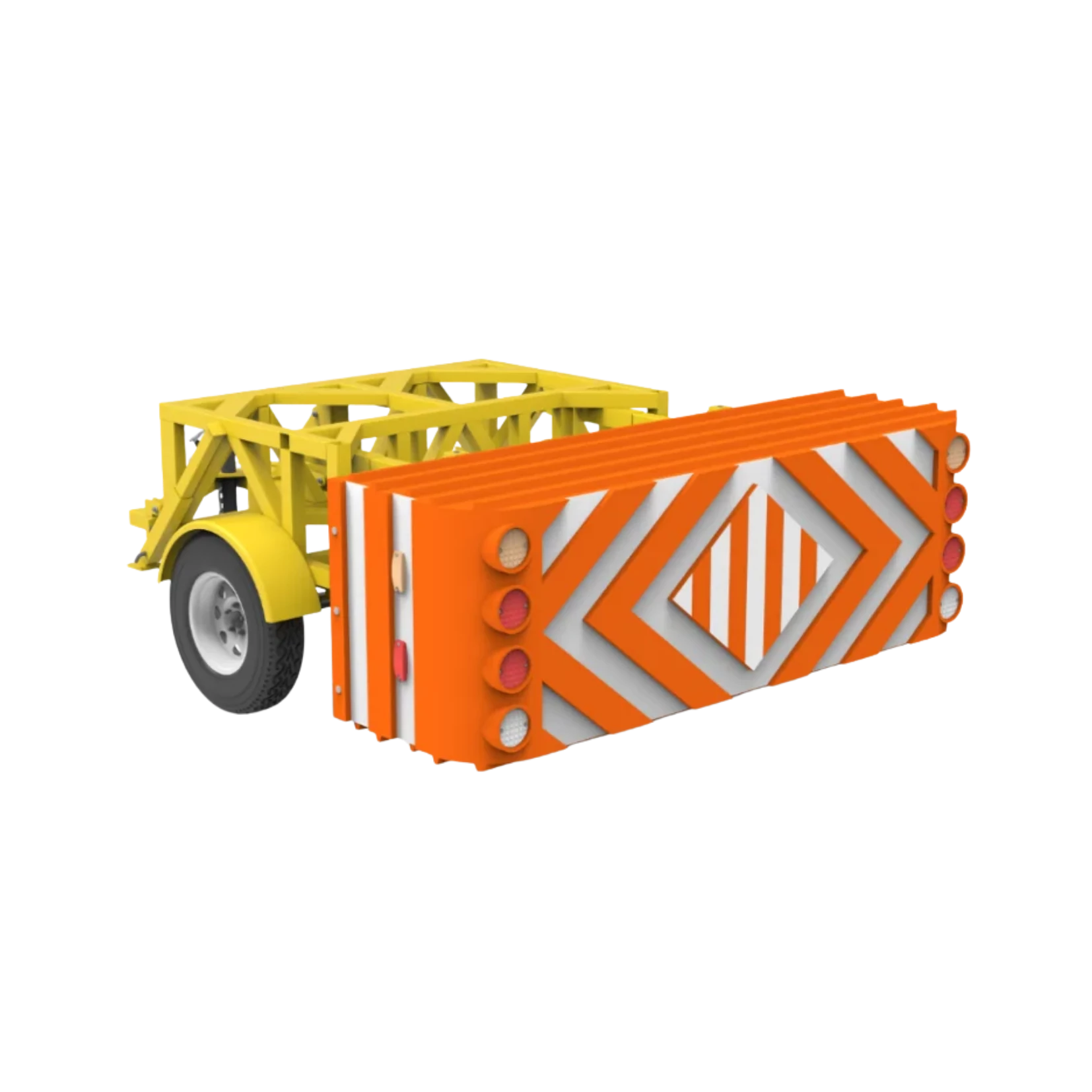 Remolque con amortiguador de impacto para carreteras, diseñado para absorber colisiones y proteger a trabajadores en zonas de obra.