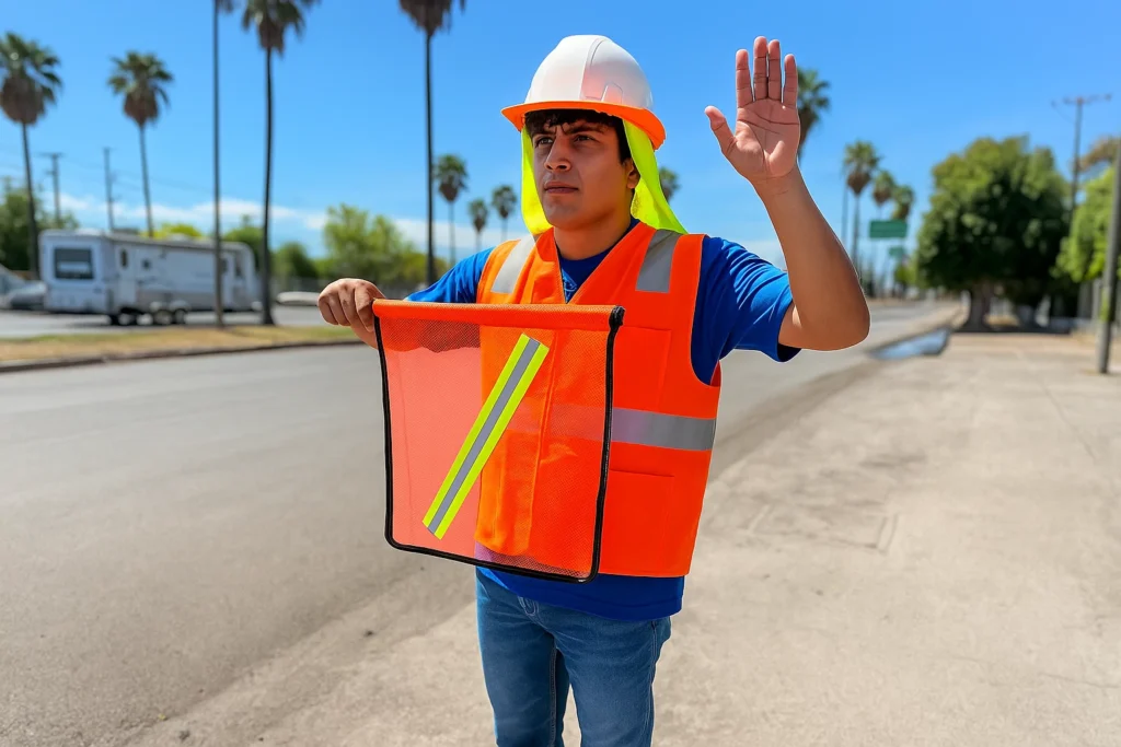 Trabajador vial con chaleco y casco de seguridad, sosteniendo una banderola naranja fluorescente mientras indica alto al tránsito en una calle urbana soleada.