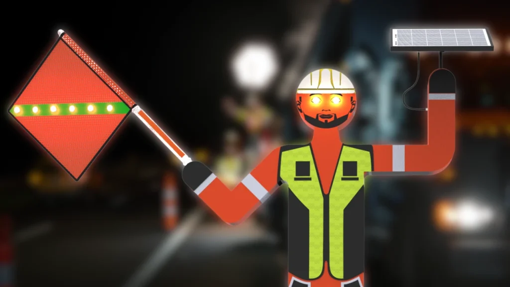 Ilustración de un banderero robotizado con chaleco y casco, sosteniendo una banderola luminosa y un panel solar, diseñado para señalización vial nocturna.