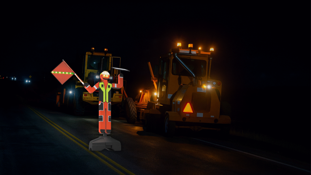 Banderero robotizado con base tipo tortuga y paneles solares, portando banderolas reflectantes con iluminación LED, diseñado para señalización vial y control de tráfico en obras y cruces.
