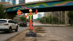 Banderero robust robotizado con chaleco reflectante y panel solar, sosteniendo banderola luminosa en una avenida urbana con tráfico y puente peatonal al fondo.