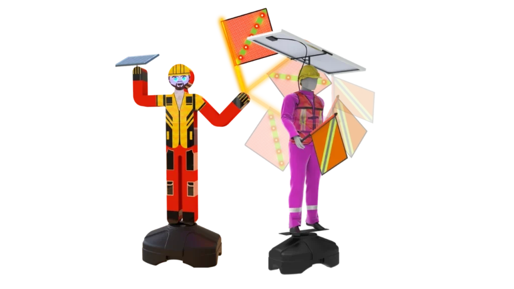 Dos bandereros robotizados con base tipo tortuga y paneles solares, portando banderolas reflectantes con iluminación LED, diseñados para señalización vial y control de tráfico en obras y cruces.
