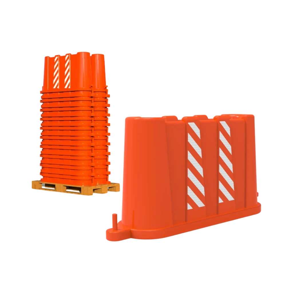 Barrera anidable plástica para control de tránsito y obras viales, fabricada en polímero con franjas reflejantes de alta visibilidad.