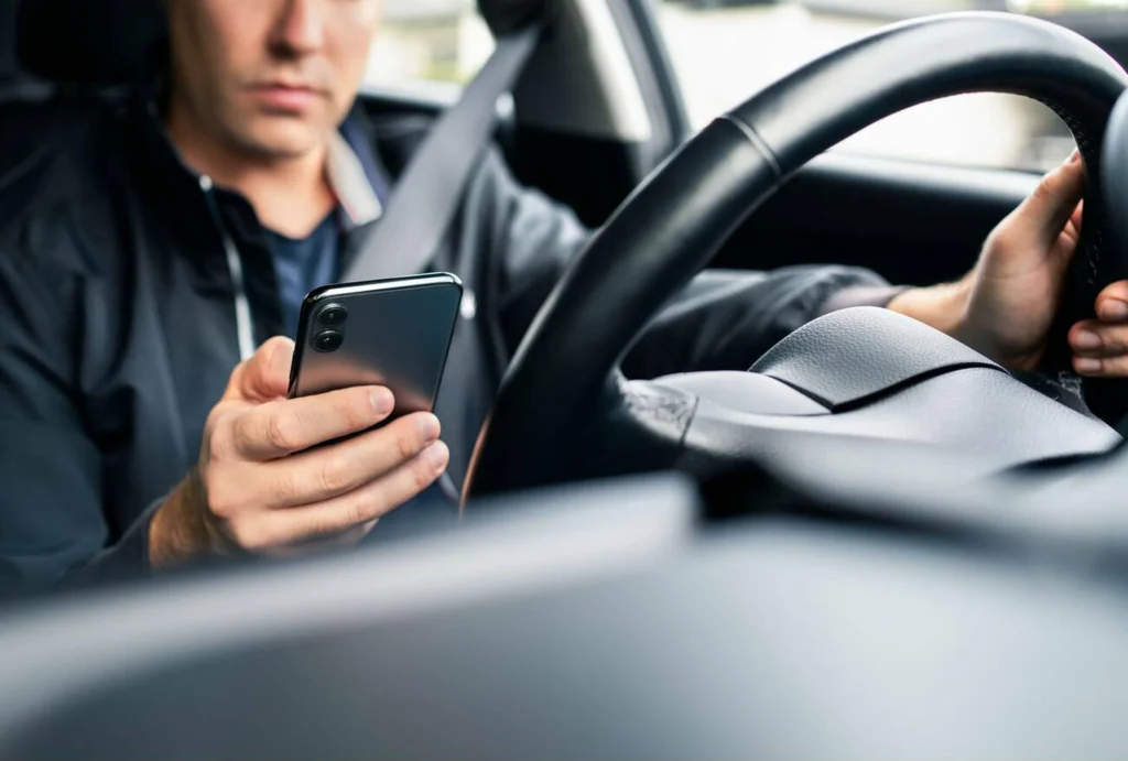 Conductor de auto distraído con el celular lo cual podría ocasionar choques entre motocicletas y automóviles