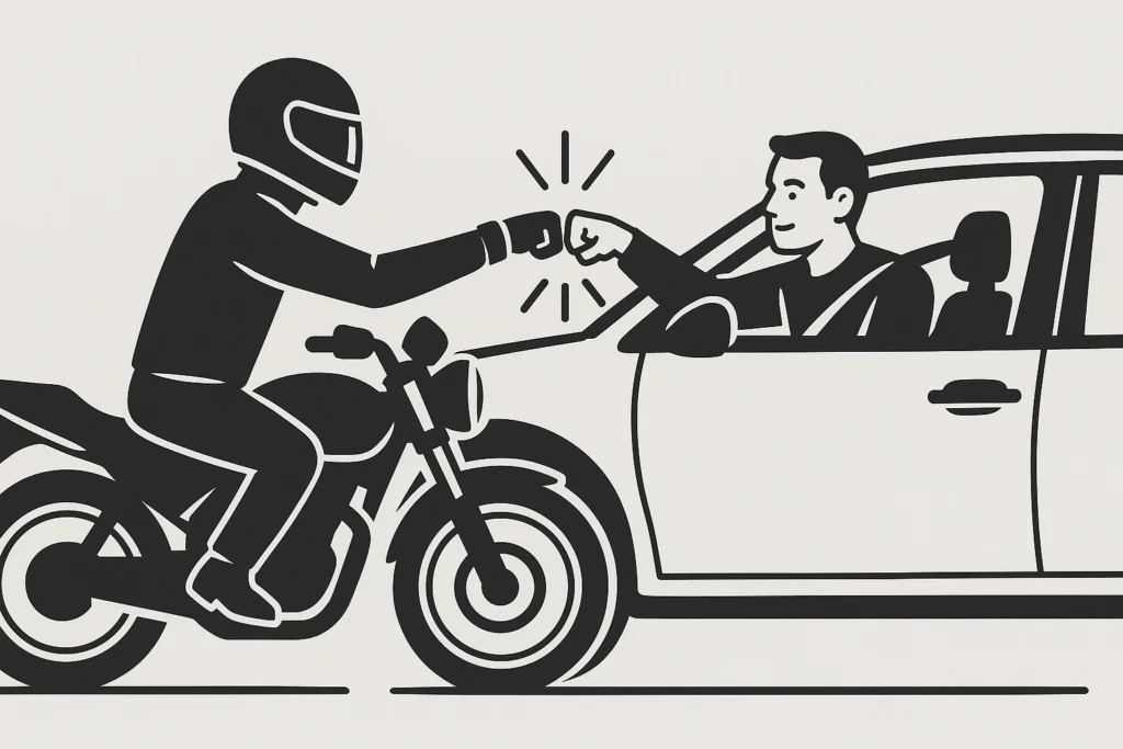 Ilustración de un motociclista y un automovilista saludándose con un choque de puños, simbolizando respeto, empatía y armonía en la vía