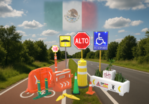 Señalética mexicana que salva vidas: conjunto de señales viales y elementos de seguridad como barreras, conos, botes de basura y señalamientos de ciclovía sobre una carretera con fondo de naturaleza y bandera de México.