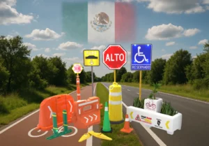 Señalética mexicana que salva vidas: conjunto de señales viales y elementos de seguridad como barreras, conos, botes de basura y señalamientos de ciclovía sobre una carretera con fondo de naturaleza y bandera de México.