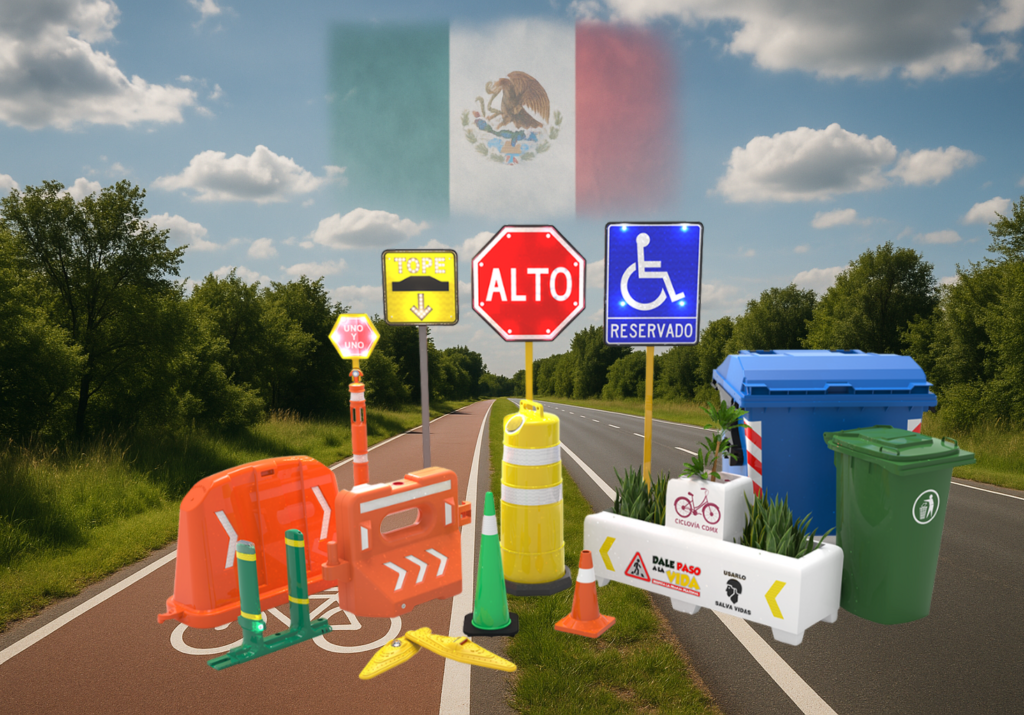 Señalética mexicana que salva vidas: conjunto de señales viales y elementos de seguridad como barreras, conos, botes de basura y señalamientos de ciclovía sobre una carretera con fondo de naturaleza y bandera de México.