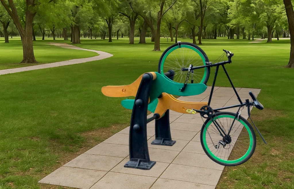 Estacionamiento de bicicletas color amarillo con verde instalado en un parque
