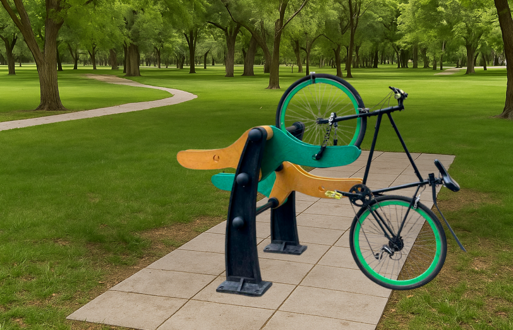 Estacionamiento de bicicletas color amarillo con verde instalado en un parque