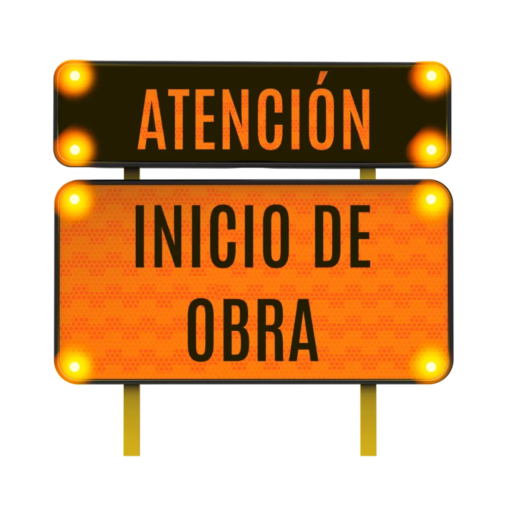 Señal preventiva de inicio de obra con luces LED intermitentes, ideal para advertir a conductores en carreteras y vialidades urbanas.