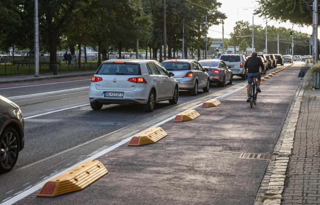 Infraestructura ciclista instalada en una ciudad europea para reforzar la seguridad y mejorar la organización vial.