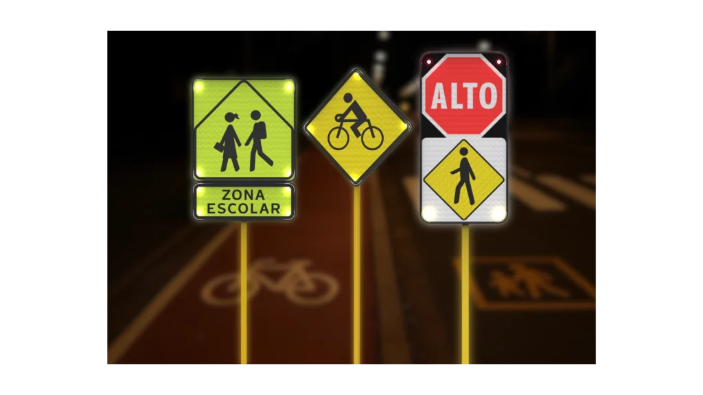 Señales viales retro reflectantes en México: zona escolar, ciclovía, alto y cruce peatonal, reguladas por la NOM-034-SCT2/SEDATU-2022.