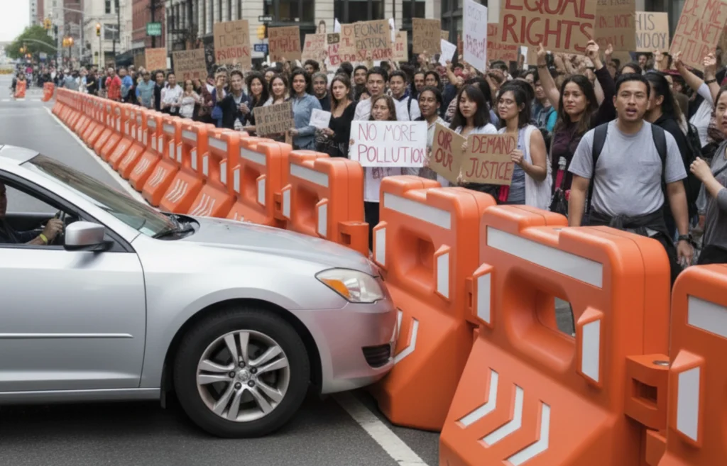 Barreare baby protegiendo a unos protestantes del impacto de un automóvil 