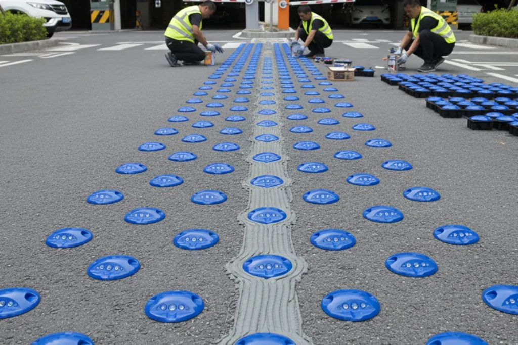 Botón vial multivista azul para guiar accesos y salidas en estacionamiento seguro.
