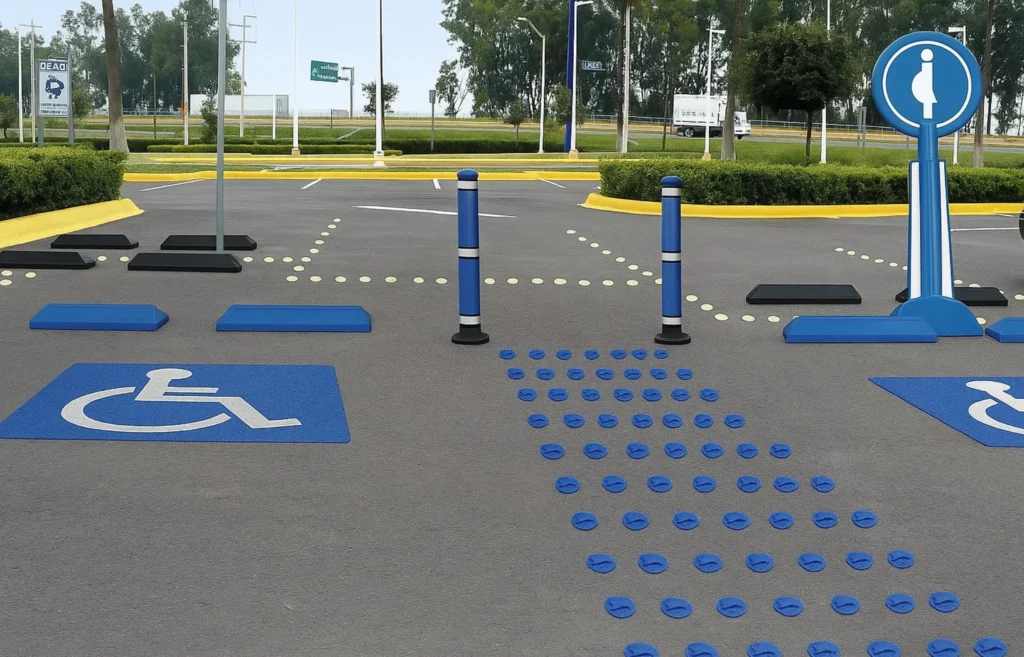 Botón vial multivista azul para guiar accesos y salidas en estacionamiento seguro.