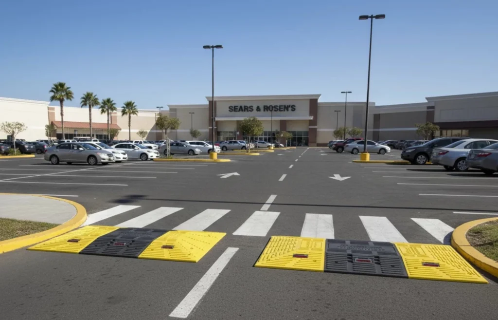 Eco reductor de velocidad 180 fabricado con material reciclado para estacionamiento moderno.