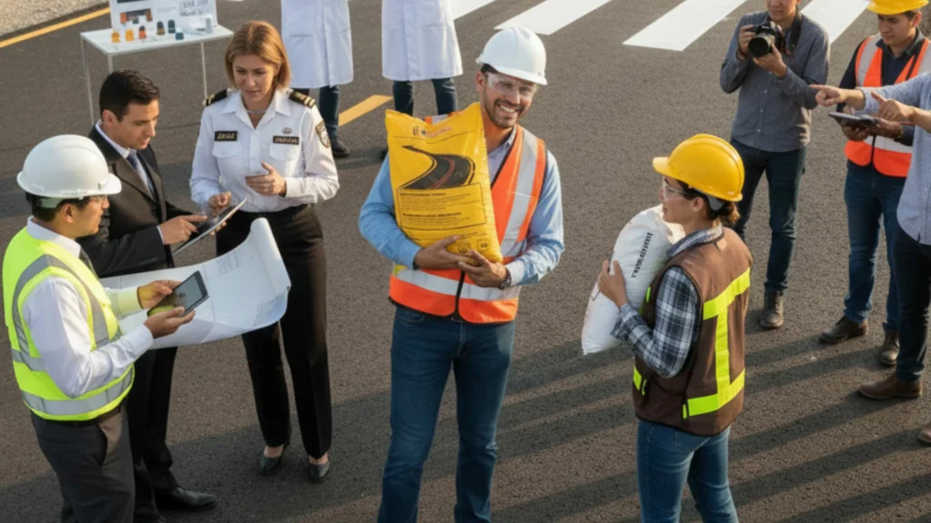 Equipo técnico revisando plano y supervisando la aplicación de pintura vial en obra.