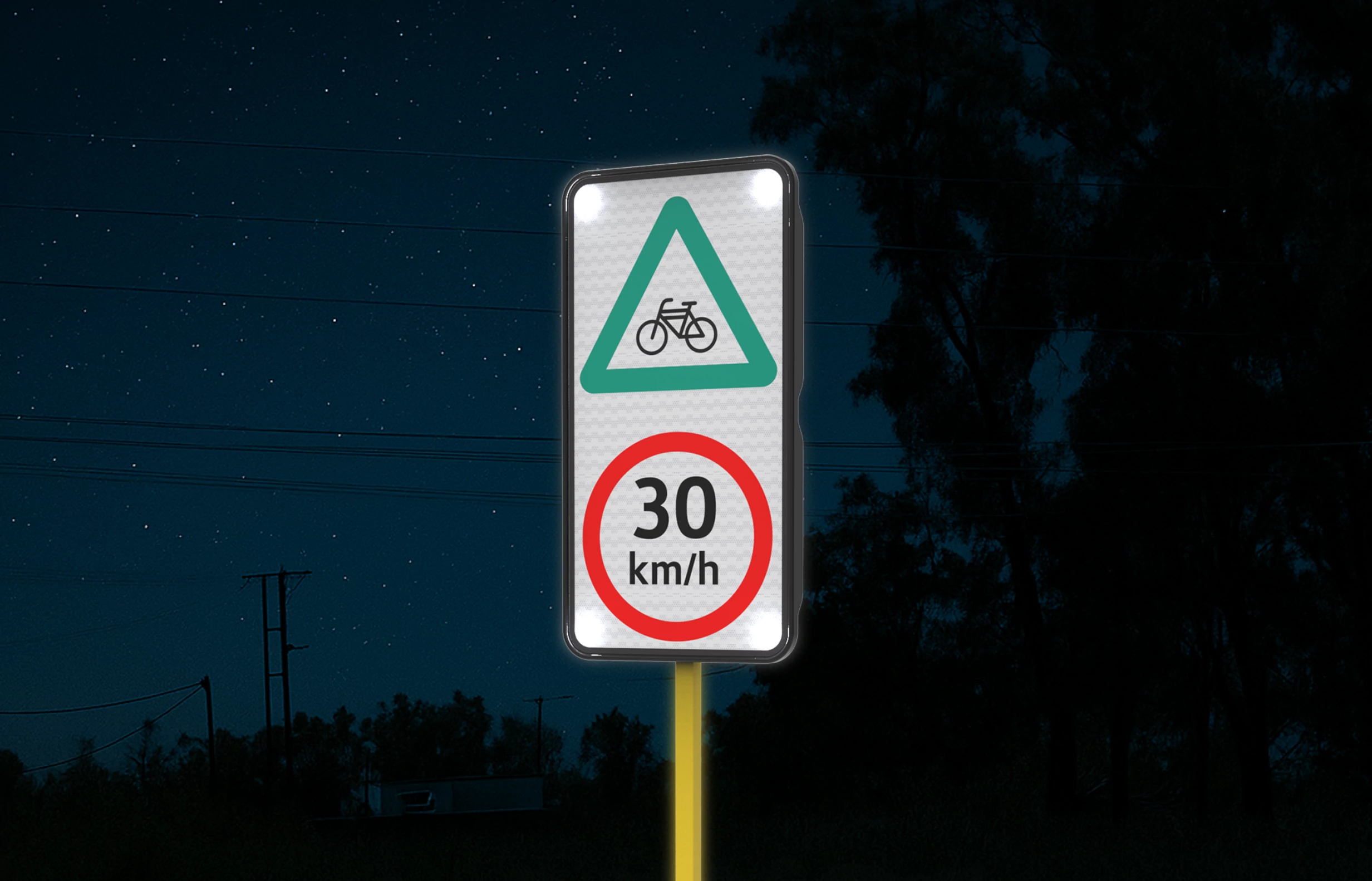 Señal vial retroreflectante en México con pictograma de bicicleta y límite de velocidad de 30 km/h, regulada por la NOM-034-SCT2/SEDATU-2022.