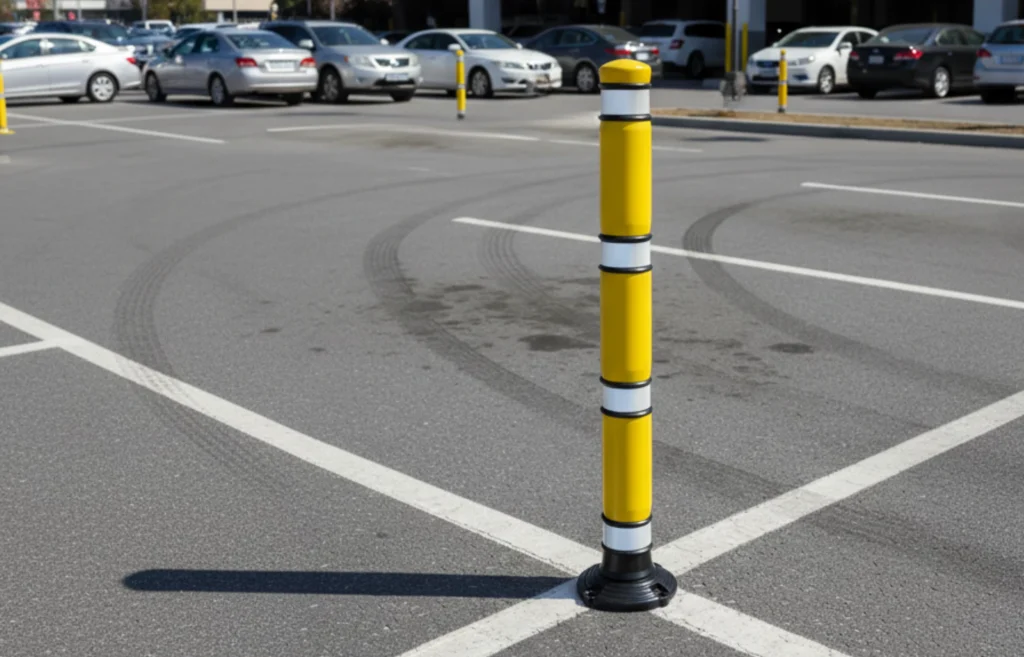 Hito abatible 3 amarillo con franjas reflejantes para delimitar accesos y organizar estacionamiento seguro.