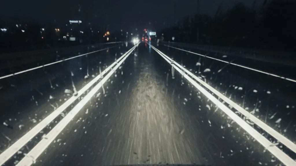 Líneas blancas de señalamiento horizontal reflejando luz durante la lluvia para mejorar la visibilidad nocturna.