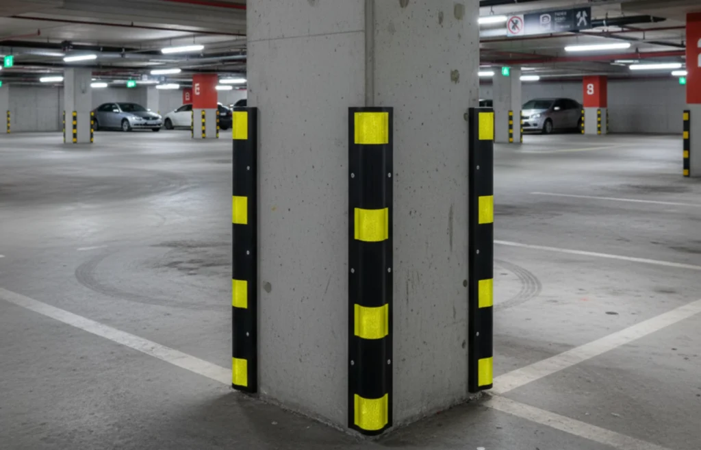 Protector de columna negro con franjas reflejantes para estacionamiento techado.