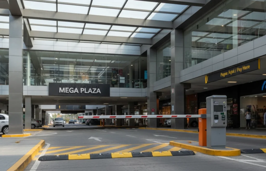 Reductor de velocidad modular con esferas reflejantes instalado en estacionamiento para control vehicular.