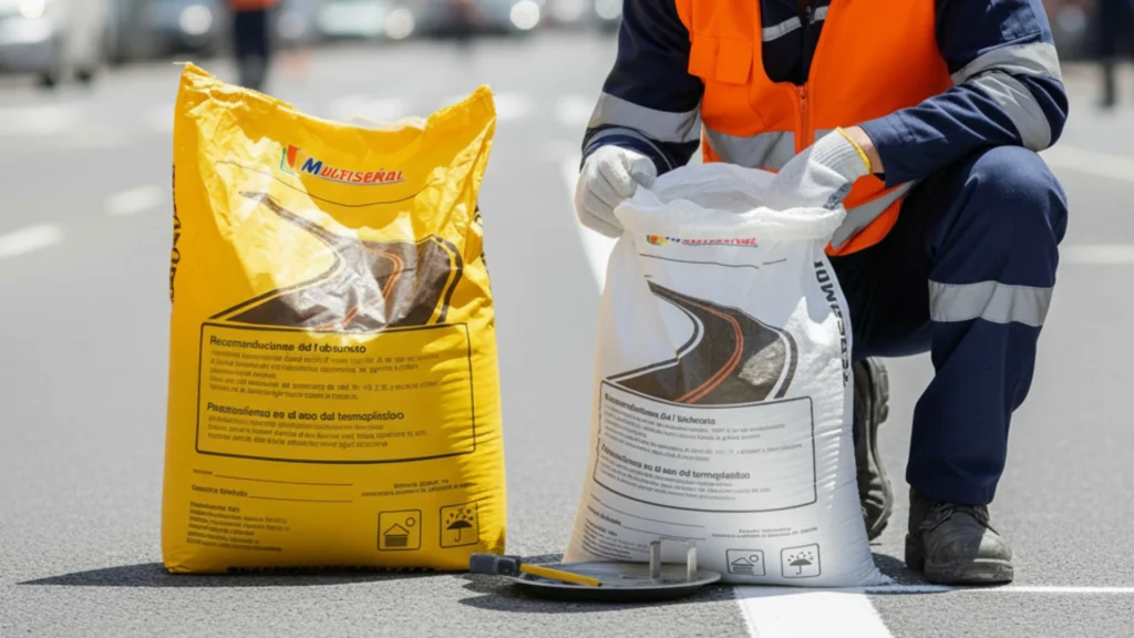 Presentación de pintura termoplástica en bolsas amarillas y blancas listas para aplicación en proyectos viales.