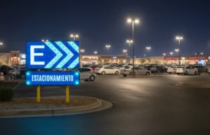 Señal de estacionamiento azul con letra E para indicar zonas de acceso y control vehicular.