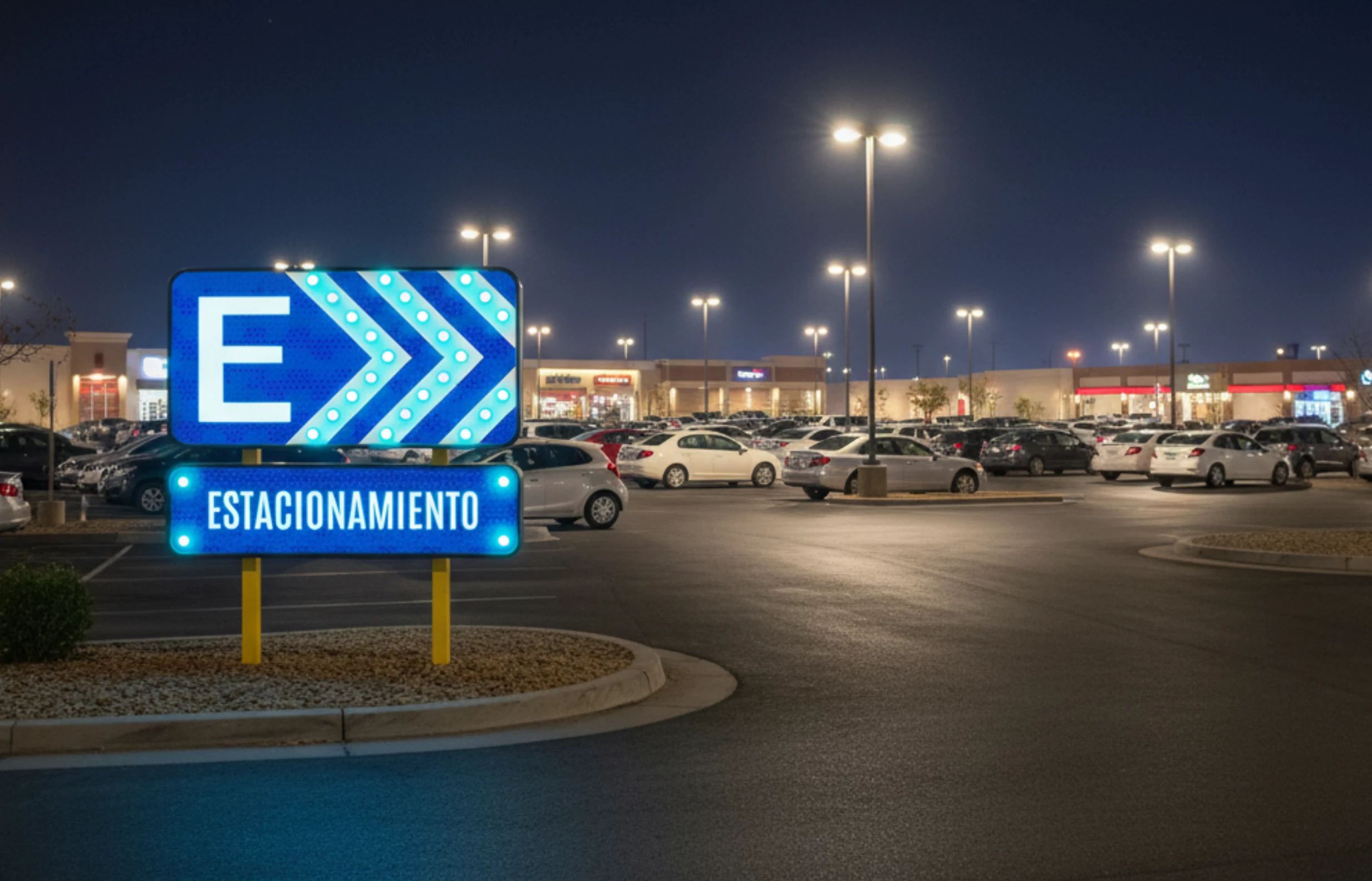 Señal de estacionamiento azul con letra E para indicar zonas de acceso y control vehicular.