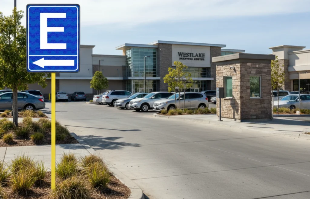Señal de estacionamiento azul con letra E que indica dirección de acceso en centro comercial.