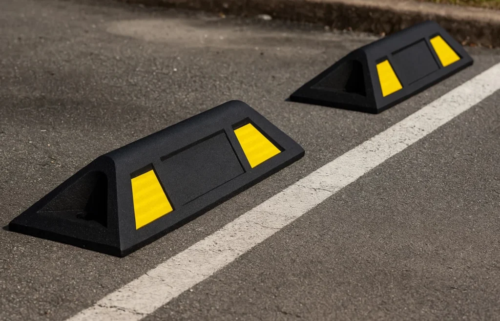 Tope Forte de polímero resistente para delimitar cajones de estacionamiento en exteriores.