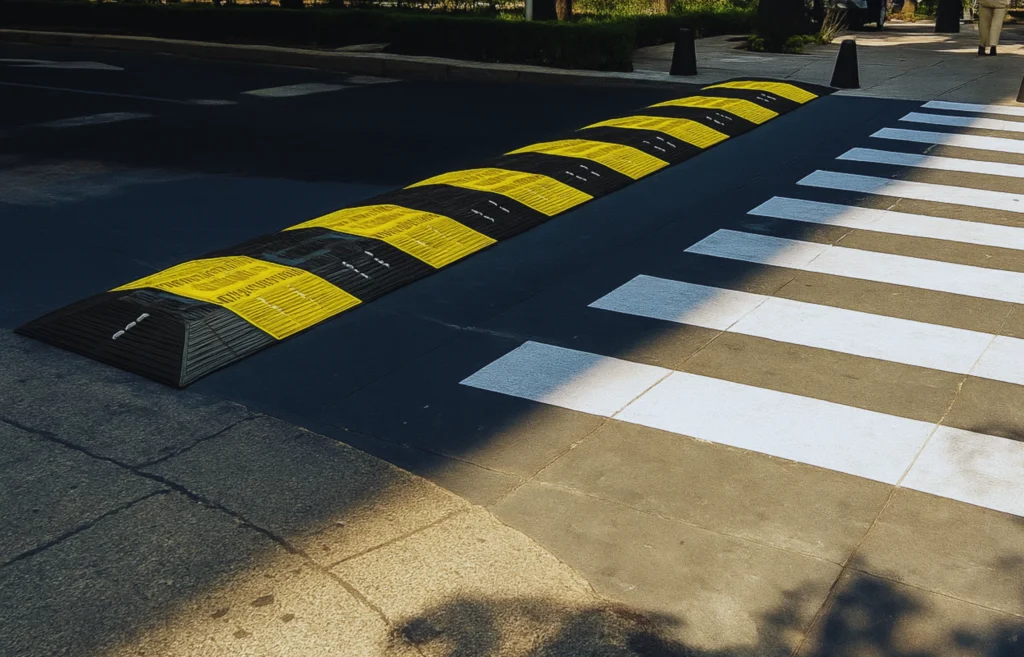 Módulo vial en franjas amarillas y negras instalado antes de un paso peatonal para disminuir la velocidad de los autos.