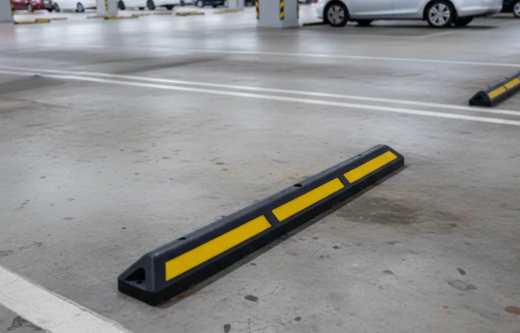 Topes de caucho reciclado resistentes al clima para estacionamientos al aire libre.