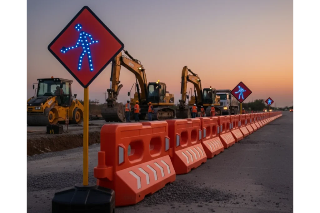 Norma de seguridad vial aplicada en reparaciones de carreteras con señal preventiva y barreras.