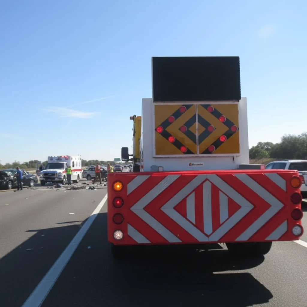 Amortiguador móvil de impacto en carretera, conforme a la NOM-008-SCT2-2020, utilizado para proteger a personal de emergencia y mantenimiento vial en autopistas.