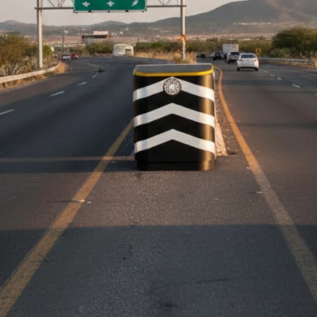 Sistema redireccionable no traspasable instalado en camellón central, diseñado para absorber energía y redirigir vehículos según la NOM-008-SCT2-2020.