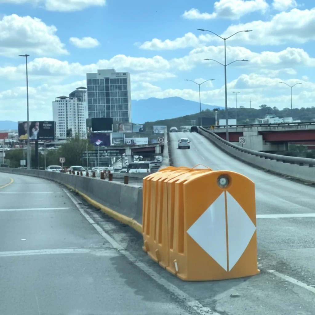 Dispositivo de seguridad vial tipo redireccionable traspasable utilizado en vías rápidas, que reduce la severidad de impactos conforme a la norma mexicana sobre amortiguadores de impacto.