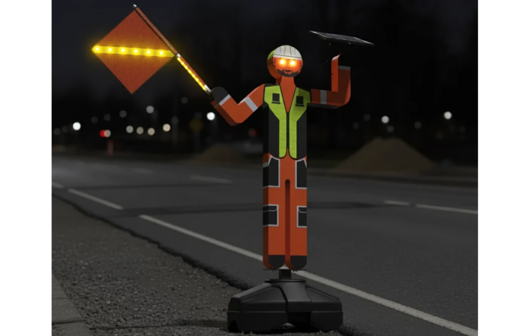Banderero con señal luminosa aplicando la NOM-086-SCT2-2015 en obras viales nocturnas.